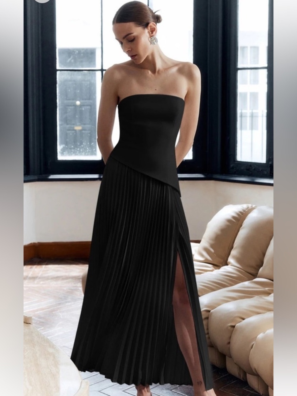 Commense Solid Pleated Strapless Split Dress Size Large NWT - Picture 1 of 9